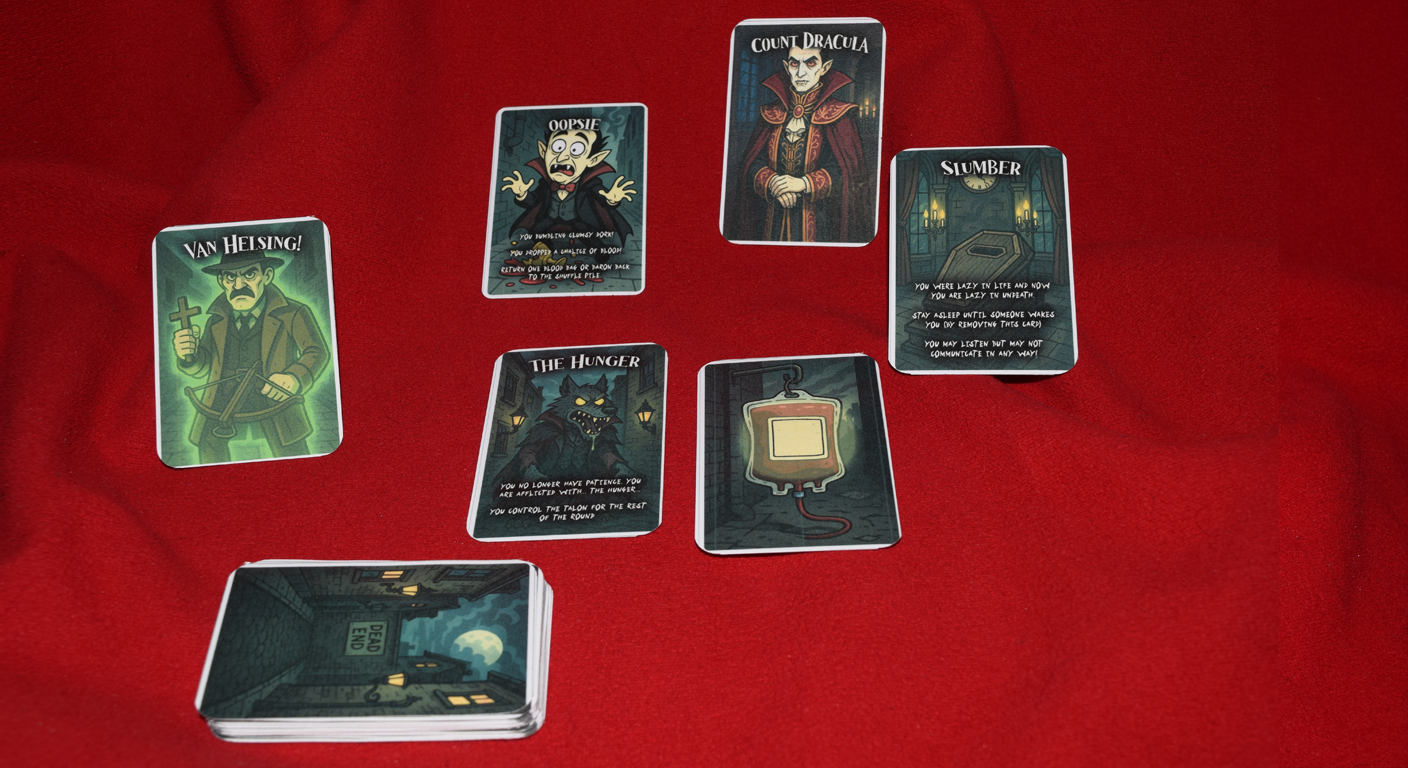 Bite Club game components including cards and thumb talon token
